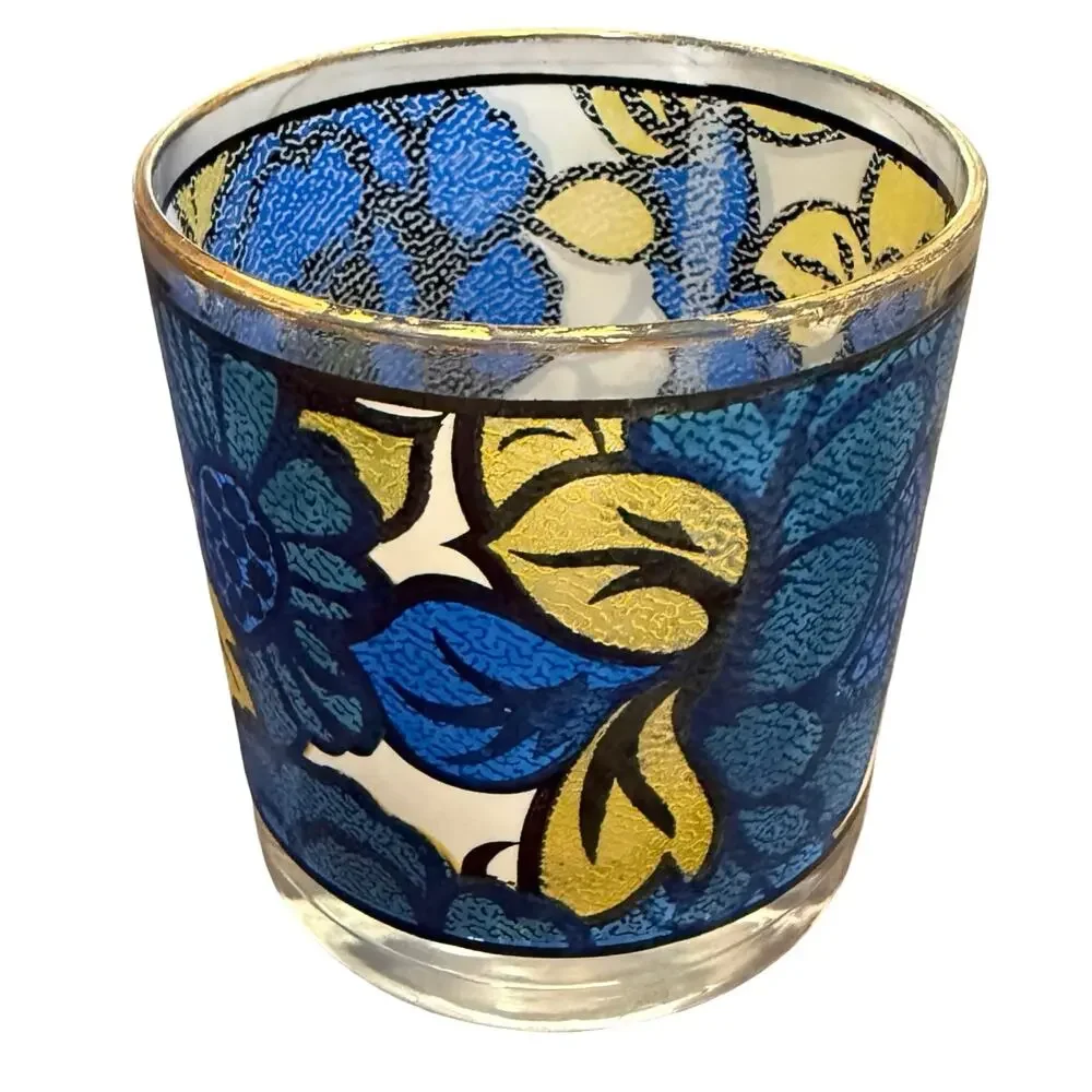 Vintage 1960s CCC Hazel Atlas Blue Yellow Floral Faux Stained Glass Set of 5 - Picture 12 of 16